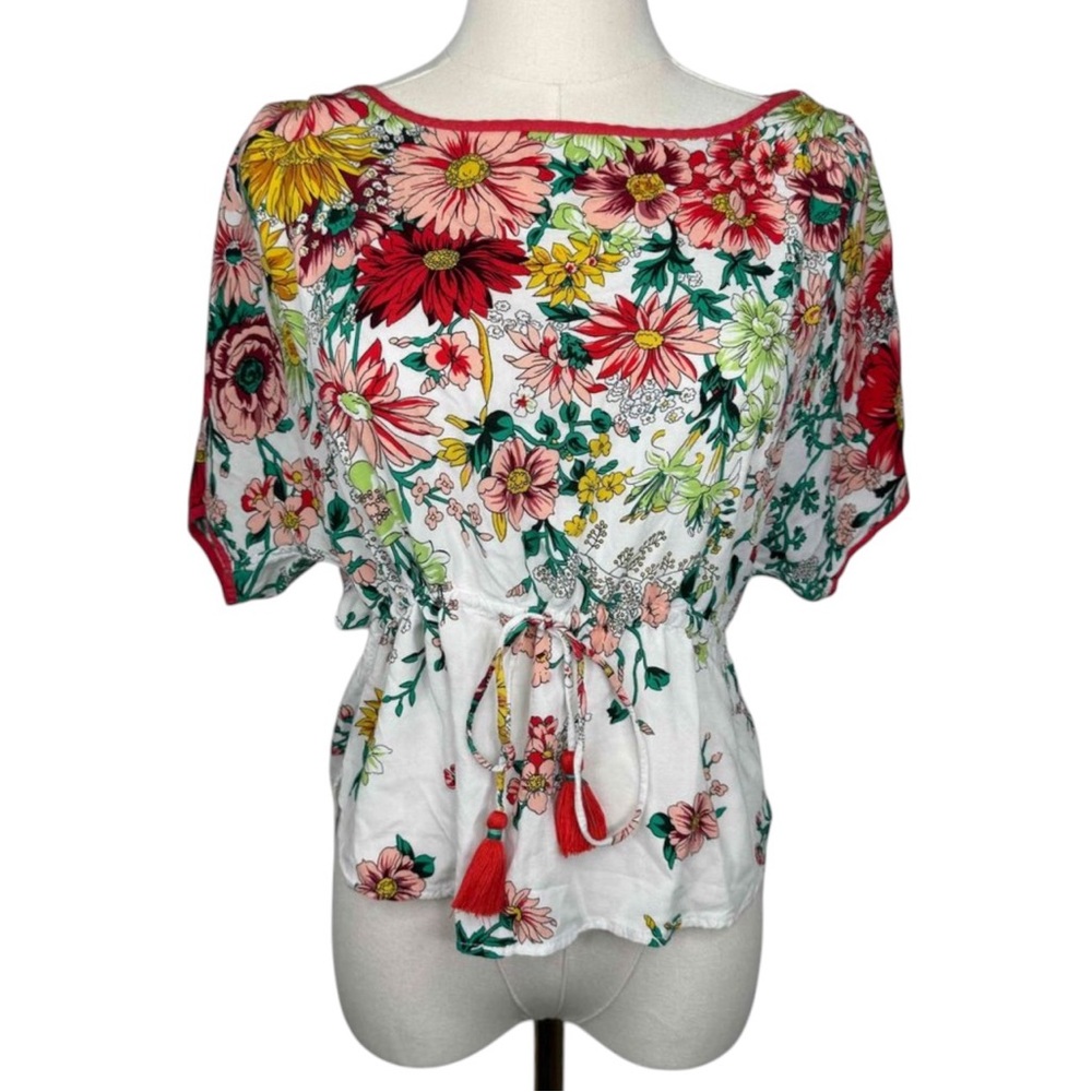Anthropologie Floral Blouse XS Cinched Silk Bohemian Colorful Garden Cottagecore